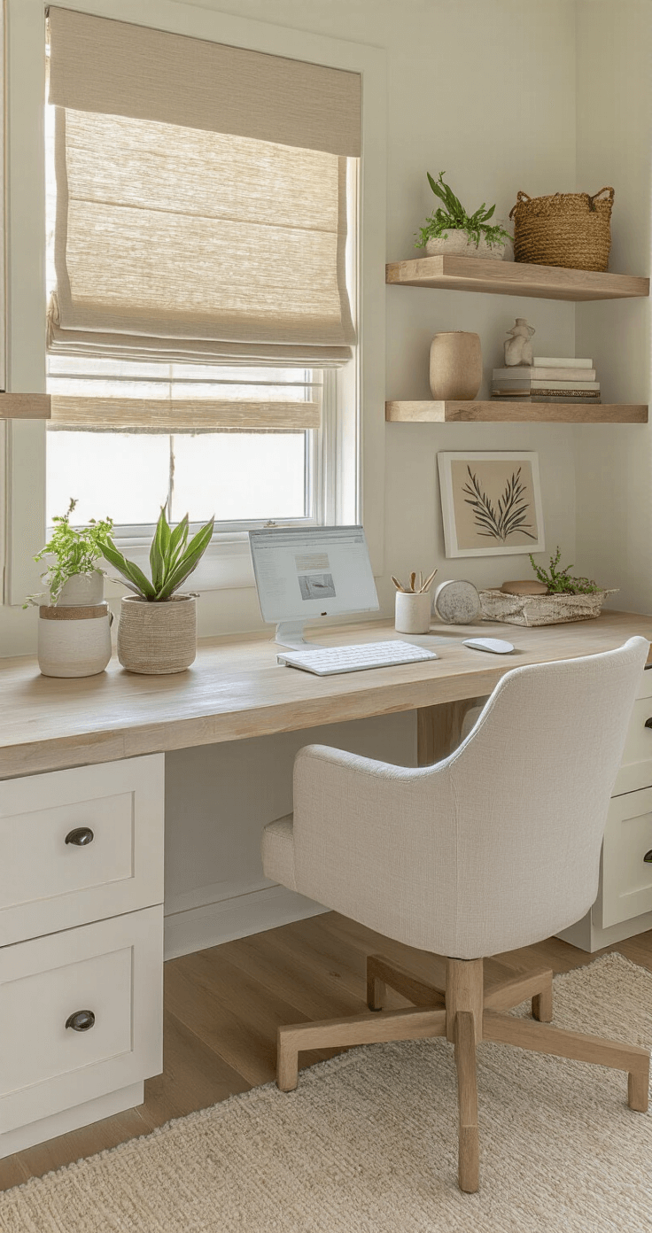 A serene home office featuring a modern whitewashed oak desk and ergonomic chair, with built-in driftwood floating shelves styled with ceramics and air plants, bathed in diffused afternoon light through roman shades. The decor in warm white, soft greige, pale driftwood, and sage green creates a calm, focused atmosphere.