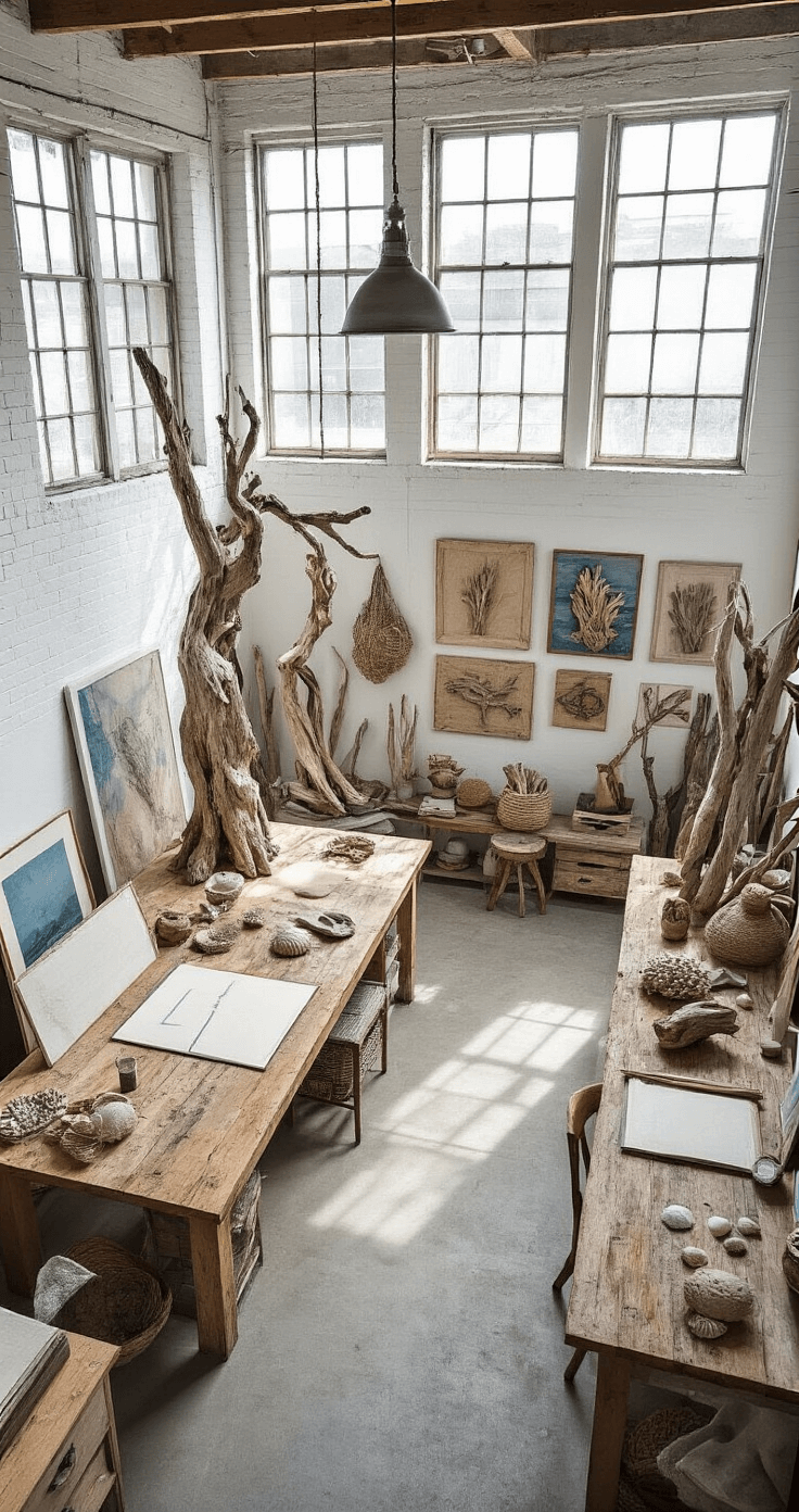 A bird's eye view of an artist's studio loft featuring a driftwood sculpture garden, a raw wood workbench, and a vintage drafting table, all bathed in natural north light. The gallery wall showcases driftwood installations against a backdrop of pure white, weathered gray, and ocean blue, with textural elements like canvas, rope, shells, and dried botanicals enhancing the creative energy of the space.
