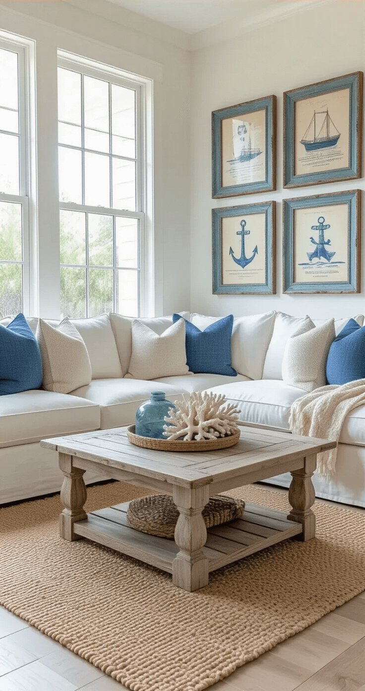 A sunlit coastal-themed living room featuring whitewashed hardwood floors, a plush ivory sectional with blue and beige pillows, a driftwood coffee table with coral and sea glass decor, layered jute rugs, and a gallery wall of blue-framed mirrors and maritime prints.
