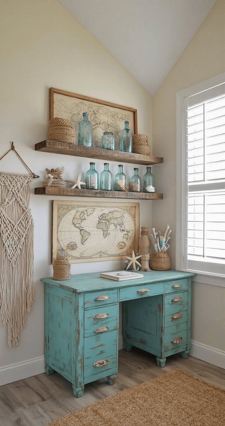 A cozy craft room featuring rustic decor, with vaulted ceilings illuminated by morning light through plantation shutters. Floating barnwood shelves showcase glass bottles, starfish, and rope-wrapped candles. A weathered turquoise desk serves as a DIY station, complemented by a macramé wall hanging and a vintage nautical map. The shot captures the room from eye level, highlighting its vertical space and soft lighting.