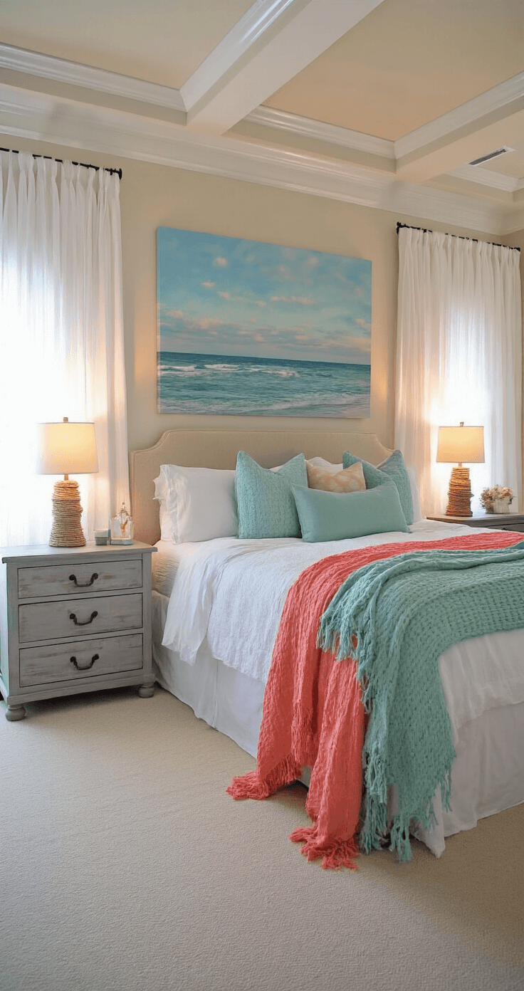 Coastal-themed bedroom at dusk, featuring a king bed with white linens and seafoam and coral throws, weathered gray nightstands with rope-wrapped lamps, and an oversized seascape canvas, all illuminated by warm accent lighting through sheer white curtains.