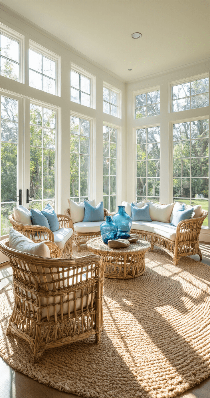 A bright sunroom with floor-to-ceiling windows, featuring rattan furniture, a chunky jute rug, blue glass vases, and driftwood sculptures, captured in dramatic late morning light.