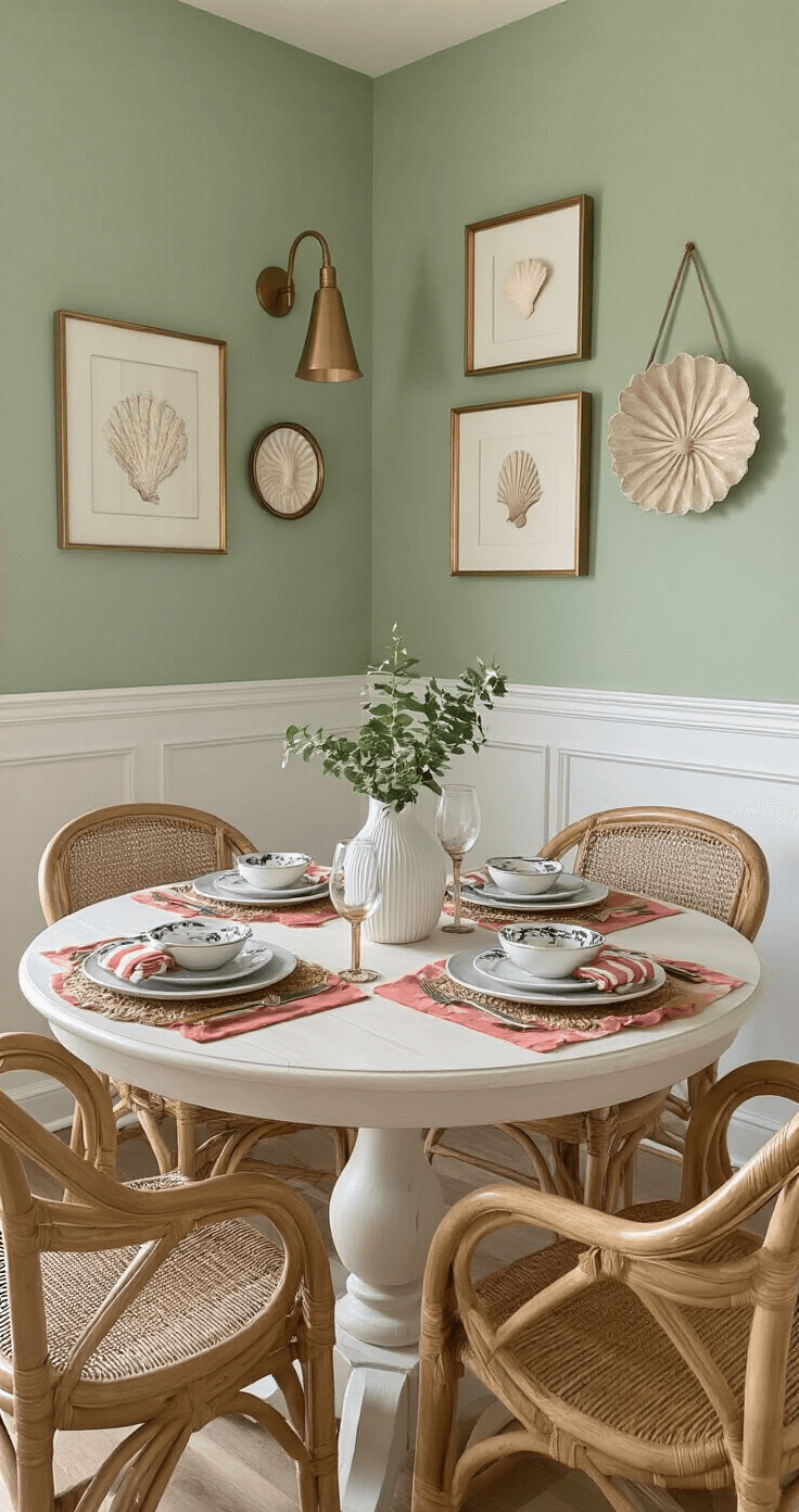 A beautifully styled dining room featuring sage green walls illuminated by golden hour light, a round whitewashed table surrounded by woven seagrass chairs, a contemporary coral and navy table runner, and a shell-themed wall gallery with mixed metallic frames, captured from a corner perspective.