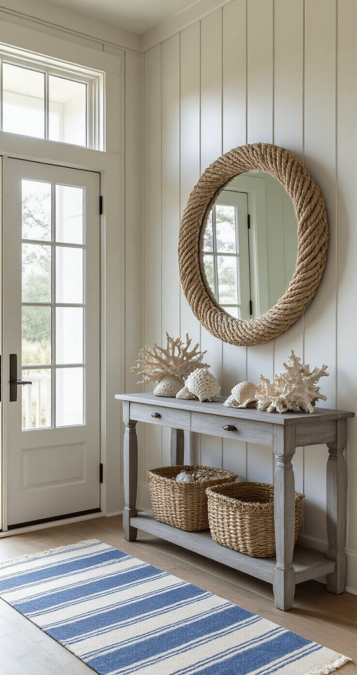 Entrance of a beach house featuring board and batten walls, illuminated by early morning light from a transom window, with a weathered gray console table displaying shells and coral, an oversized circular mirror with rope detail, and layered blue striped runners leading to the living space.