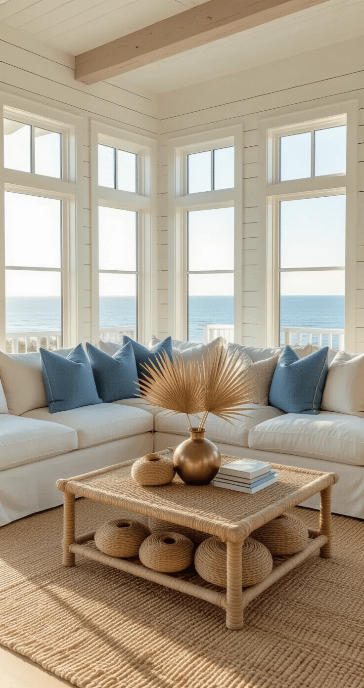 A sunlit coastal living room featuring wide ocean views through large windows, with whitewashed shiplap walls and high ceilings. The space is anchored by a cream linen sectional with blue and sand-toned pillows, and a rattan coffee table displaying dried palm fronds in a brass vessel. A jute rug adds texture, while sea-glass accents gleam in the light. Natural rope pumpkins are grouped asymmetrically, captured from a corner angle to emphasize depth and atmospheric lighting.