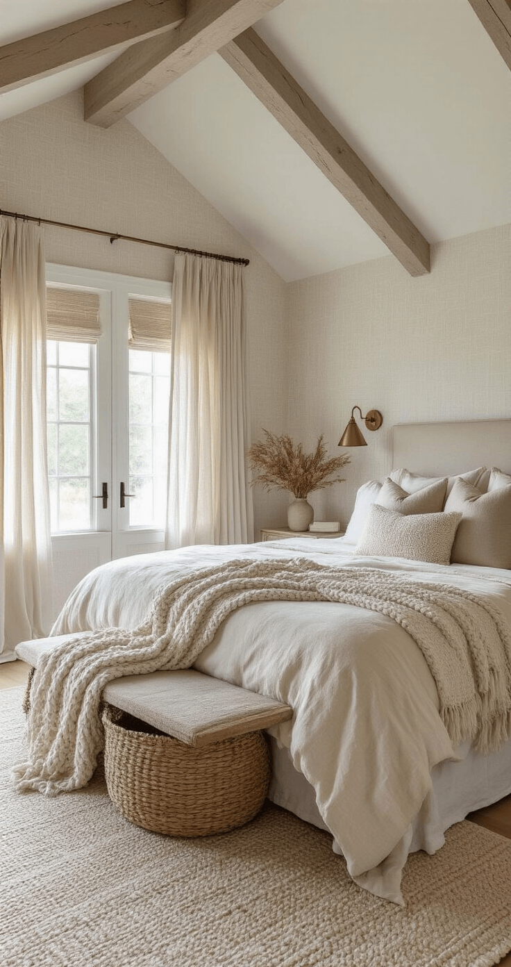 A master bedroom sanctuary featuring a king bed with rumpled cream linens and chunky gray throws, under a vaulted ceiling with early morning light filtering through sheer linen drapes. Weathered brass sconces adorn the walls, while a woven basket holds dried botanicals. The textured ivory wallpaper adds depth to the serene atmosphere, captured in soft focus to highlight the bed against the spacious room.