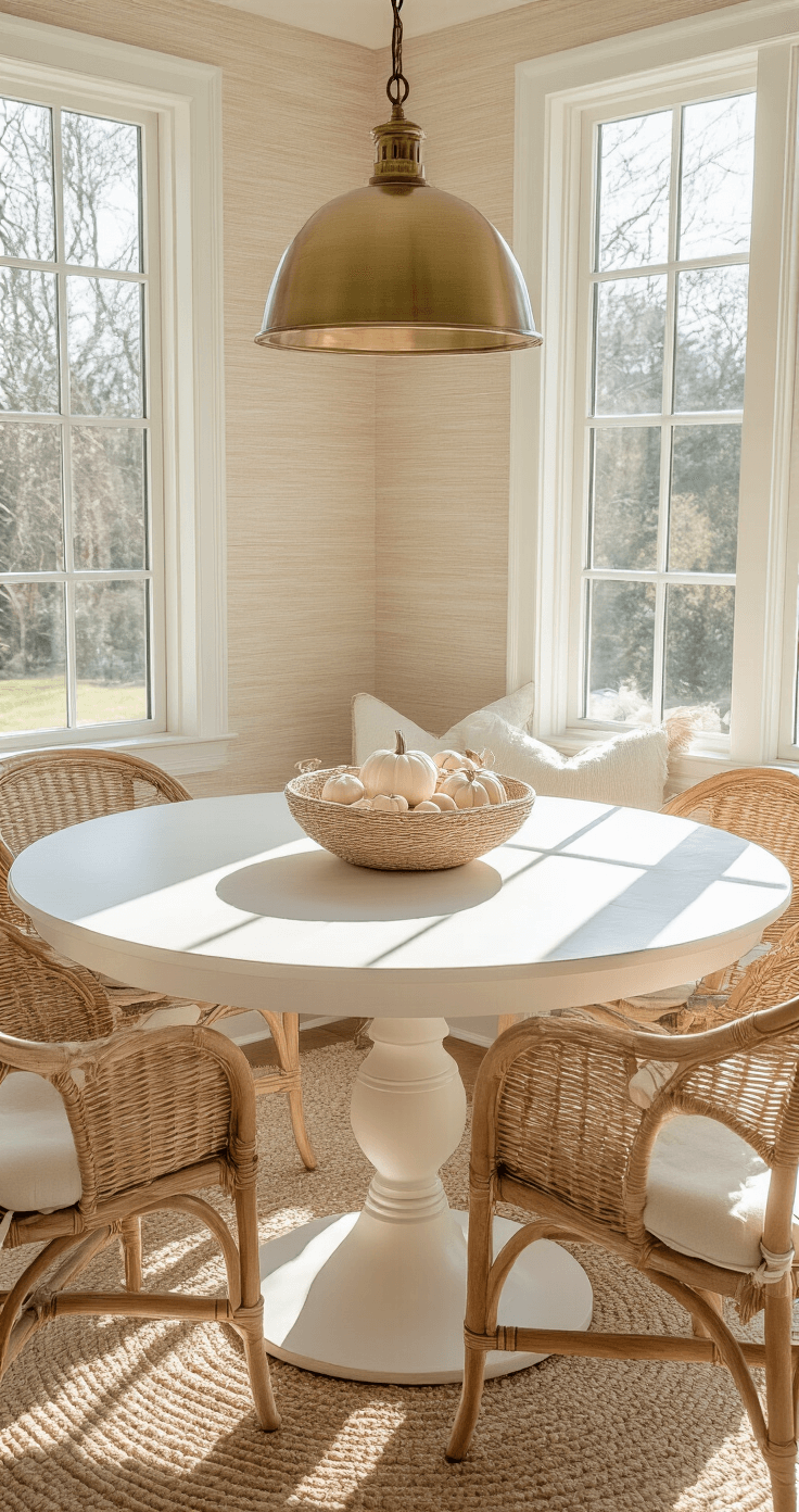 Intimate dining nook featuring a round whitewashed table with a textured centerpiece of sea-glass orbs and mini pumpkins, surrounded by rattan chairs with cream cushions. Late afternoon light casts long shadows, highlighting the warm sand-toned grasscloth wallpaper and a brass pendant light above, creating a dreamy atmosphere.