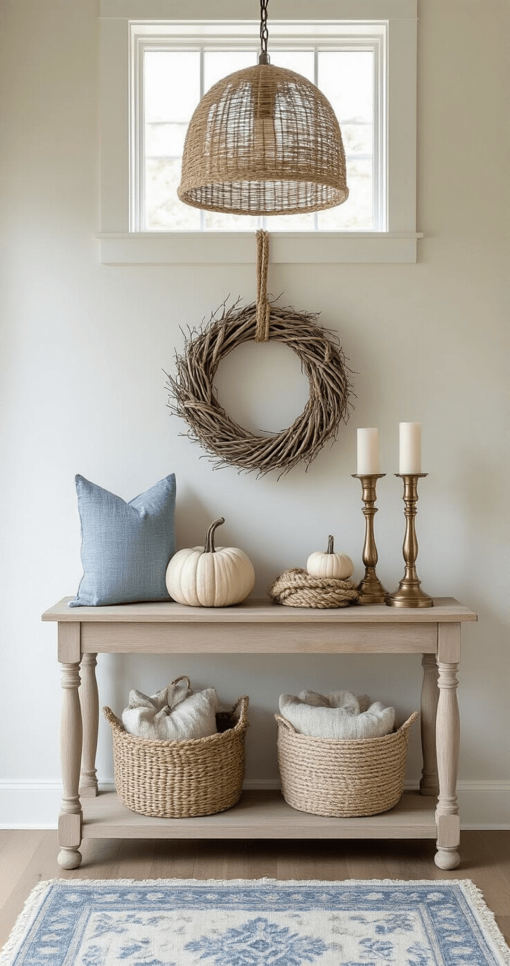 Welcoming entryway featuring a bleached oak console table adorned with a coastal fall vignette, including a driftwood wreath, brass candlesticks, and rope-wrapped pumpkins, under natural light from a transom window, with a vintage runner in muted blues and creams and a woven pendant light casting soft shadows.