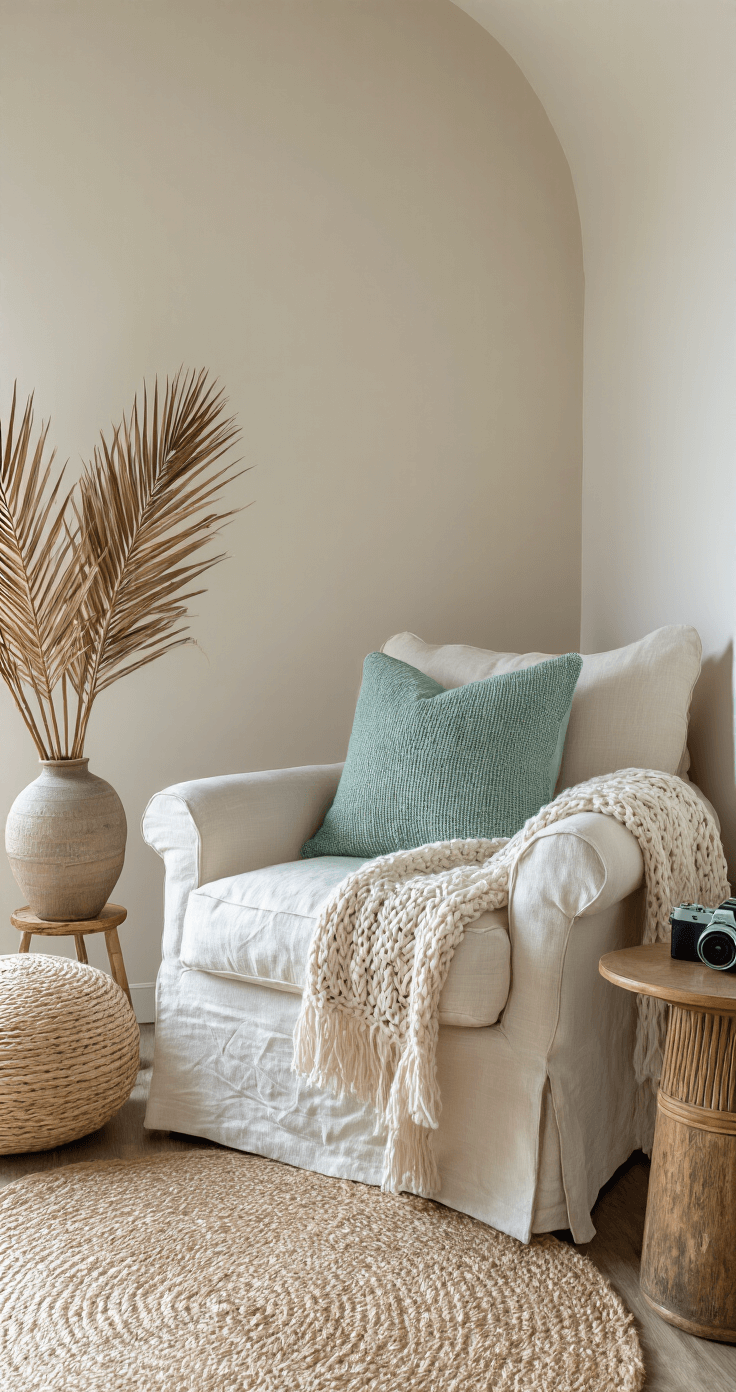 Cozy reading corner in an 8x8ft alcove featuring a cream oversized linen armchair with a sea-glass green throw, a rattan floor lamp, a weathered brass side table, a textured ceramic vessel with dried palm arrangement, and a jute pouf, all illuminated by overcast morning light and warm accent lighting, captured from a sitting height with a shallow depth of field focusing on textile details.