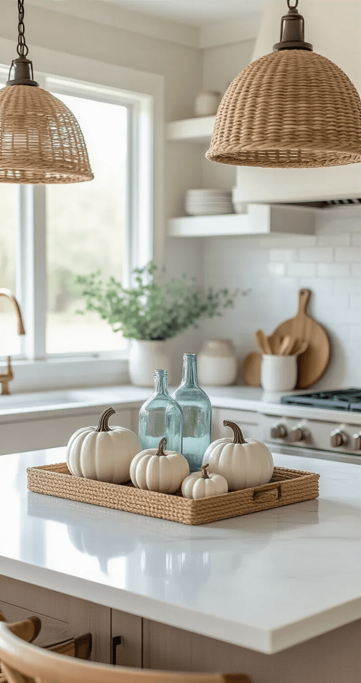 A bright, airy kitchen with a white marble island featuring a decorative brass tray holding neutral ceramic pumpkins and sea-glass bottles, illuminated by woven pendant lights, with a textured subway tile backsplash in the background, captured at a 45-degree angle.