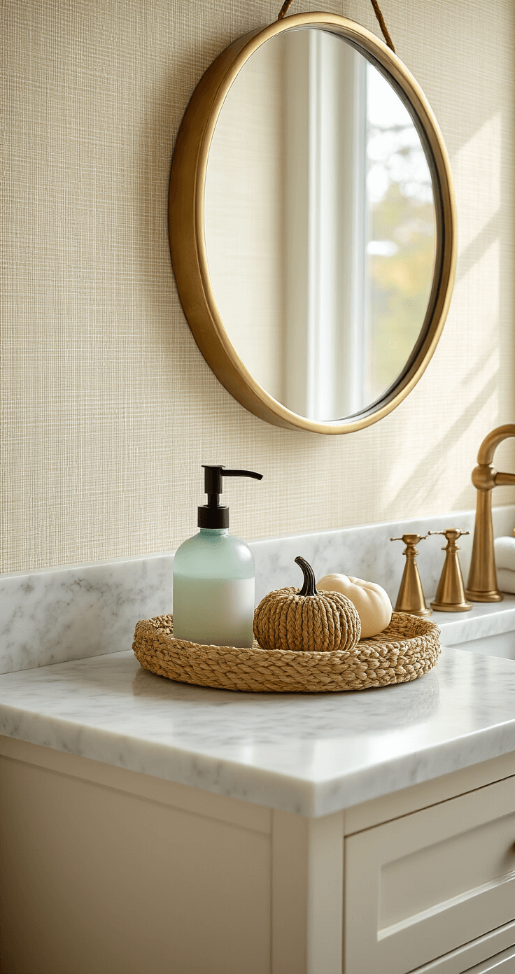 A beautifully styled bathroom vanity featuring a marble countertop adorned with a sea-glass soap dispenser, woven tray, small brass objects, and a miniature rope pumpkin, all bathed in soft morning light filtering through a frosted window. The round brass mirror reflects the warm cream textured wallpaper, enhancing the spa-like ambiance.