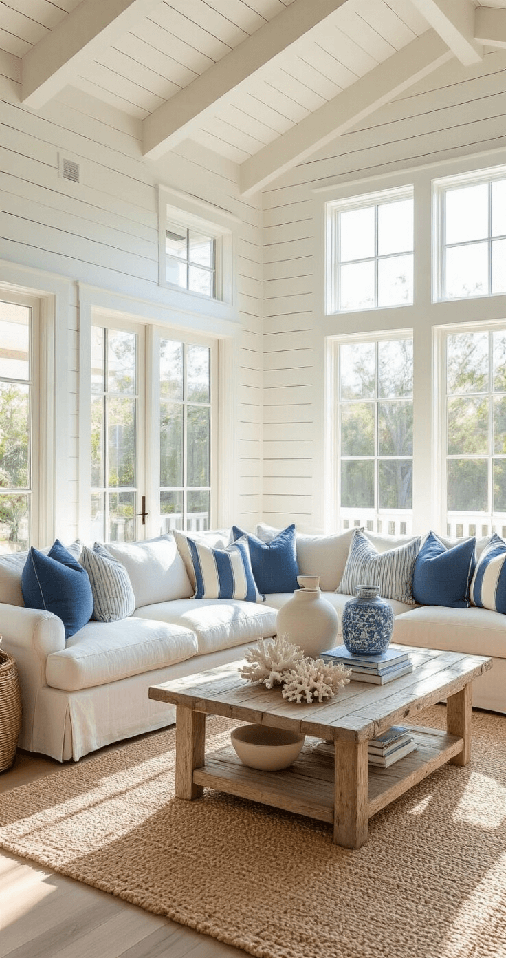 A bright, airy living room with white-washed shiplap walls, featuring a plush oatmeal linen sofa with blue and white striped pillows, a driftwood coffee table on a jute rug, and natural coral and seaglass vases, illuminated by golden afternoon light through large windows.
