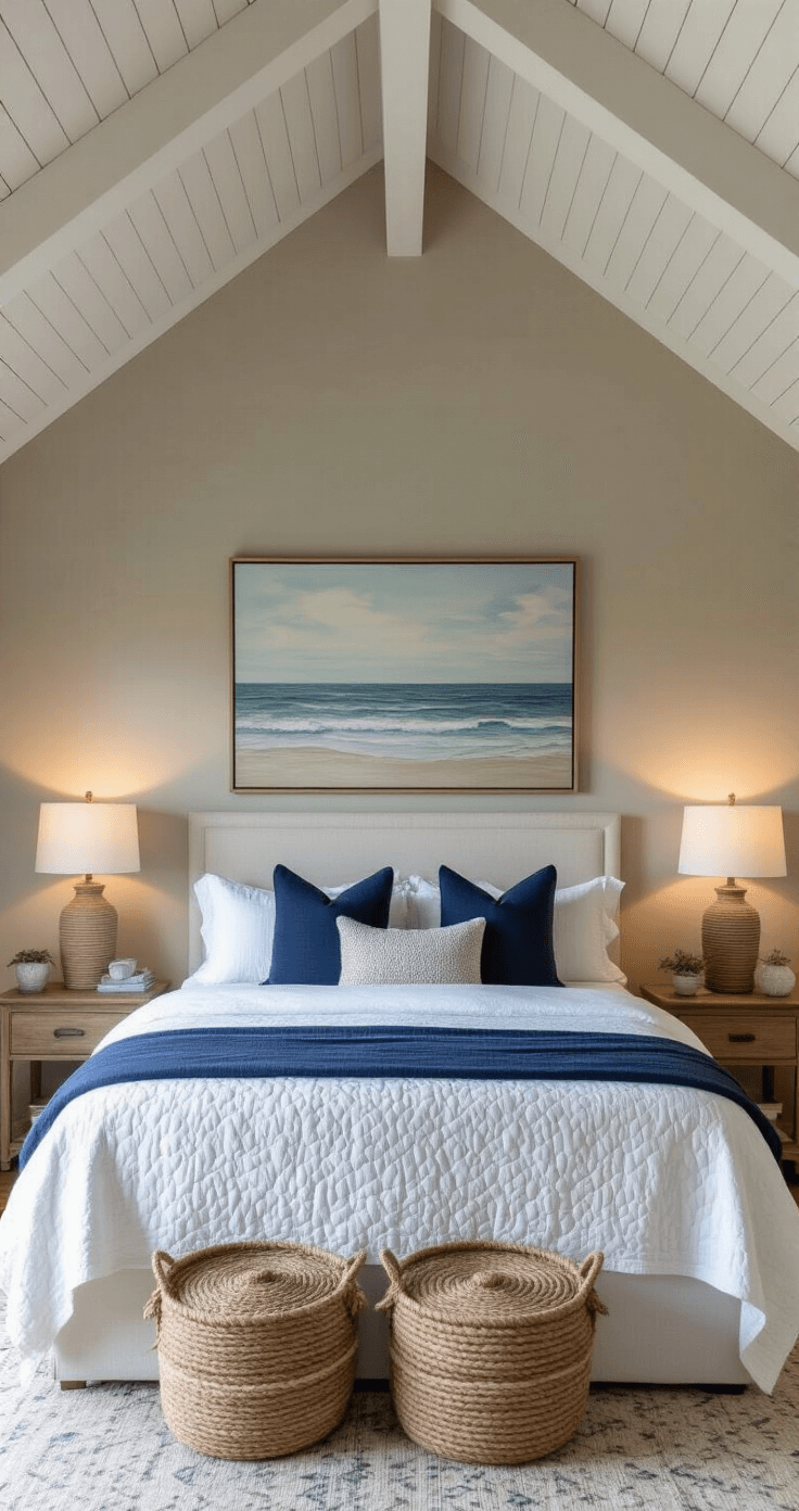 Master bedroom featuring a king bed with a white quilted coverlet and navy accent pillows, set against a cathedral ceiling with exposed white beams. The space is filled with early morning light and adorned with oversized seascape artwork, rope-wrapped table lamps, and woven baskets, showcasing a blend of high and low coastal decor.