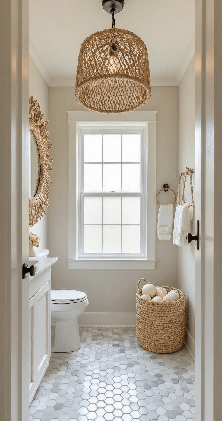 Compact powder room with hexagonal marble floor tiles and a frosted window. Features include a rope-framed mirror, seashell-motif hand towels, a rope chandelier, and a shell garland, all in afternoon light, enhancing the coastal theme.