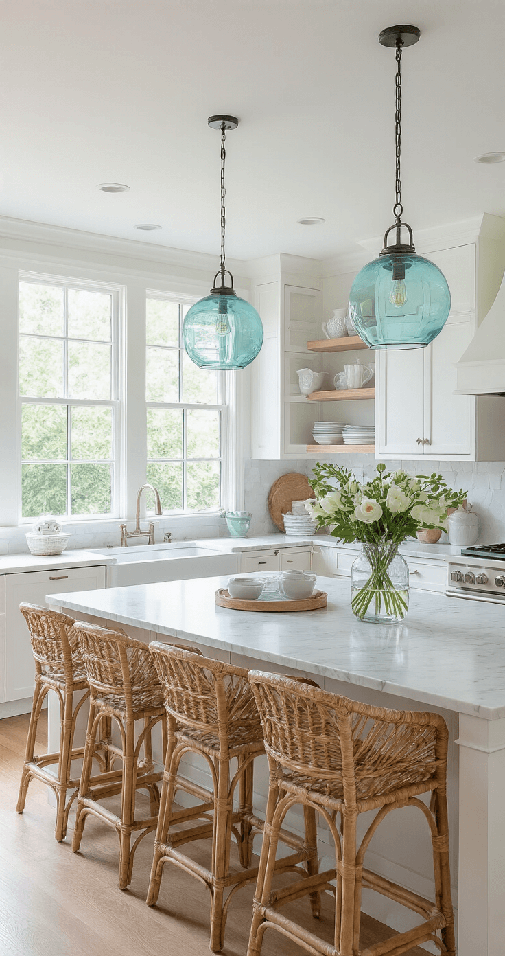 A bright open concept kitchen-dining space featuring white cabinetry and aqua glass pendant lights over a marble island, complemented by budget-friendly rattan bar stools and coastal decor. Sunlight streams through bay windows, highlighting Pottery Barn ceramic vessels on open shelving, captured from an elevated angle to showcase the spatial flow.