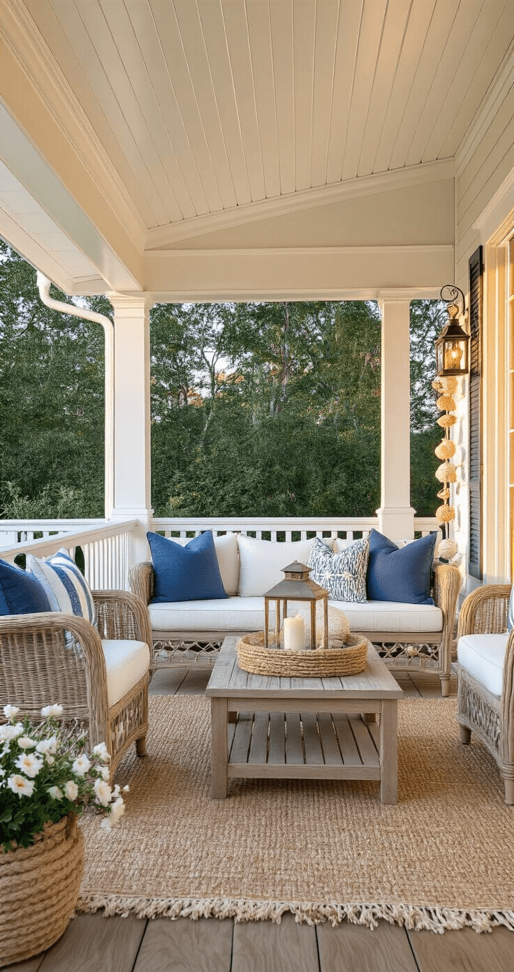 A breezy covered porch featuring a whitewashed ceiling, adorned with a weathered teak sofa, mixed blue throw pillows, lanterns, and shell garlands, all illuminated by golden hour lighting to create a warm ambiance.