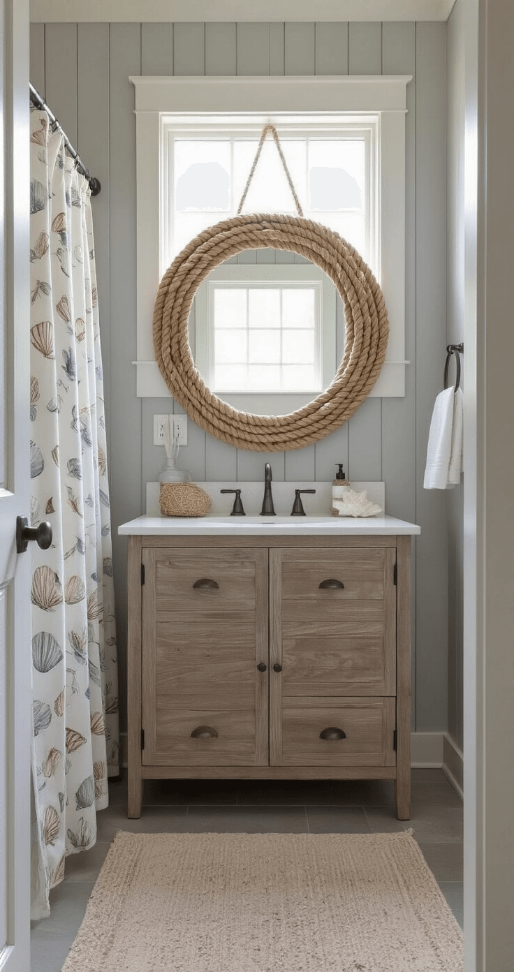 A cozy 8x10ft guest bathroom featuring soft gray board and batten walls, illuminated by mid-morning light through a privacy window. The room includes a rope-framed vanity mirror, a shell-motif shower curtain, and budget-friendly coastal accessories, complemented by a premium driftwood art piece. Captured at eye level, the image highlights vertical elements and soft, diffused lighting that enhances the textures.