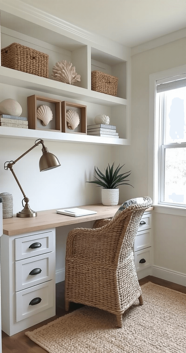 Cozy home office nook featuring built-in shelving, a rope-wrapped desk lamp, and shell shadowboxes, illuminated by late morning light from an adjacent window. Coral specimens from Pottery Barn showcased on floating shelves, blending high and low coastal decor for a curated look, captured from a seated perspective.
