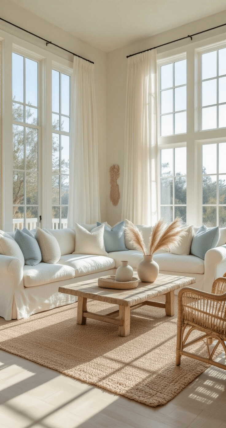 A sunlit living room featuring a cream linen sofa with textured pillows, a natural jute rug, and an asymmetrical driftwood coffee table, illuminated by afternoon light, showcasing whitewashed oak floors and expansive windows, with layered white curtains and minimal coastal art.