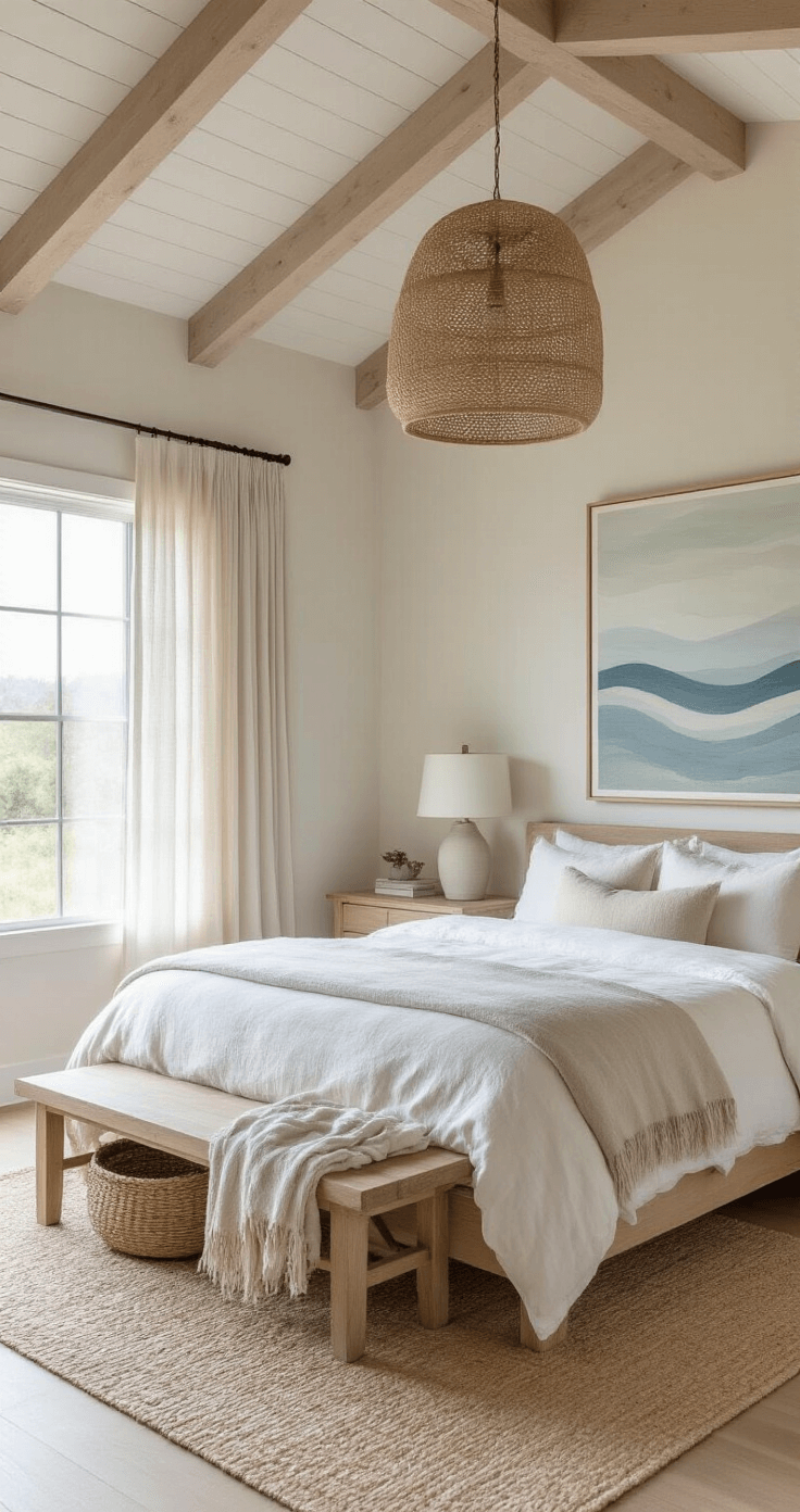 A serene master bedroom featuring a king-sized platform bed in bleached oak, dressed in white linens and an oatmeal duvet, with early morning light streaming through sheer linen drapes. The room includes matching nightstands with soft white ceramic lamps, a handwoven jute pendant light, and abstract ocean-inspired artwork in muted blues and greys. A seagrass basket holds a throw blanket, creating a peaceful sanctuary atmosphere.