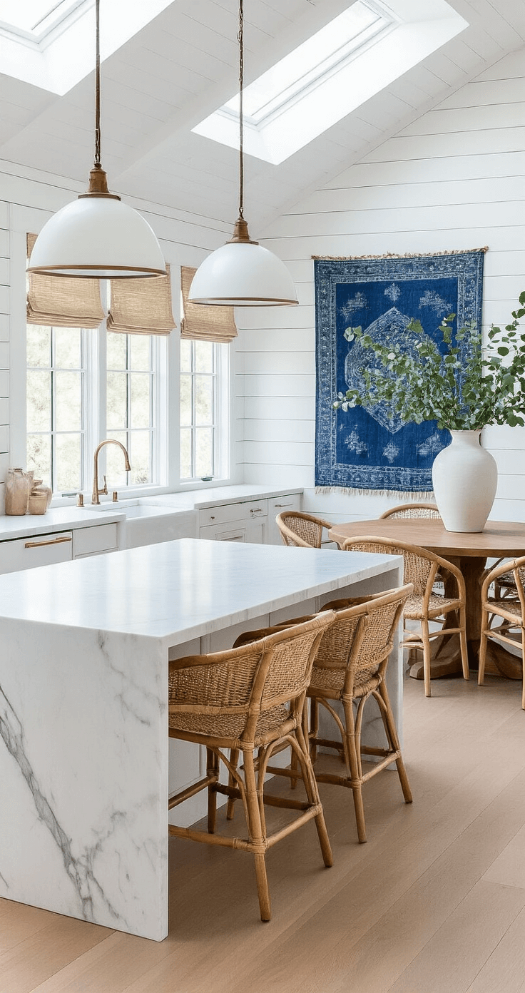 Open-concept kitchen-dining space with white shiplap walls, featuring a marble waterfall island, rattan barstools, white oak dining table, modern chairs, eucalyptus vase, vintage textile art, and natural fiber roman shades, illuminated by mid-morning light from skylights.