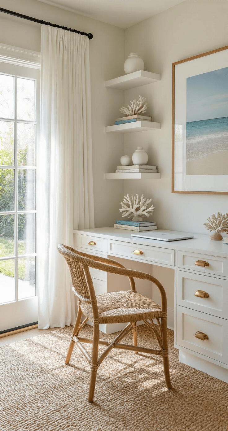 Intimate home office featuring a modern white desk with brass accents, a natural rope-woven chair, and built-in shelves styled with coral specimens and coastal photography books, illuminated by soft afternoon light through French doors, with sheer white curtains and a textured sisal carpet.