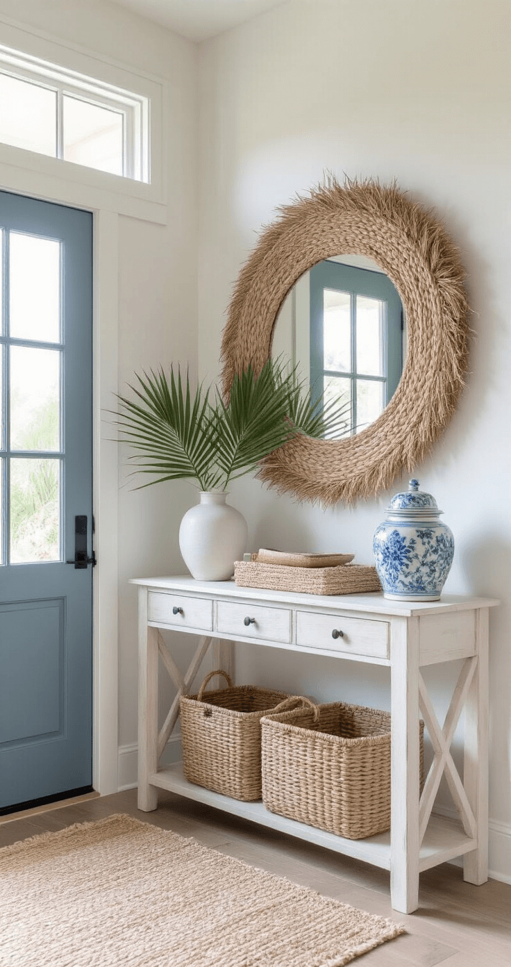 Welcoming entryway featuring a whitewashed console table with a woven basket, an oversized round mirror with rope details, and a coastal grass wall hanging. A handwoven natural fiber runner extends on the floor, complemented by a white ceramic ginger jar holding palm fronds. The blue-grey door is visible in the background, with soft diffused natural light from a transom window enhancing the inviting atmosphere.