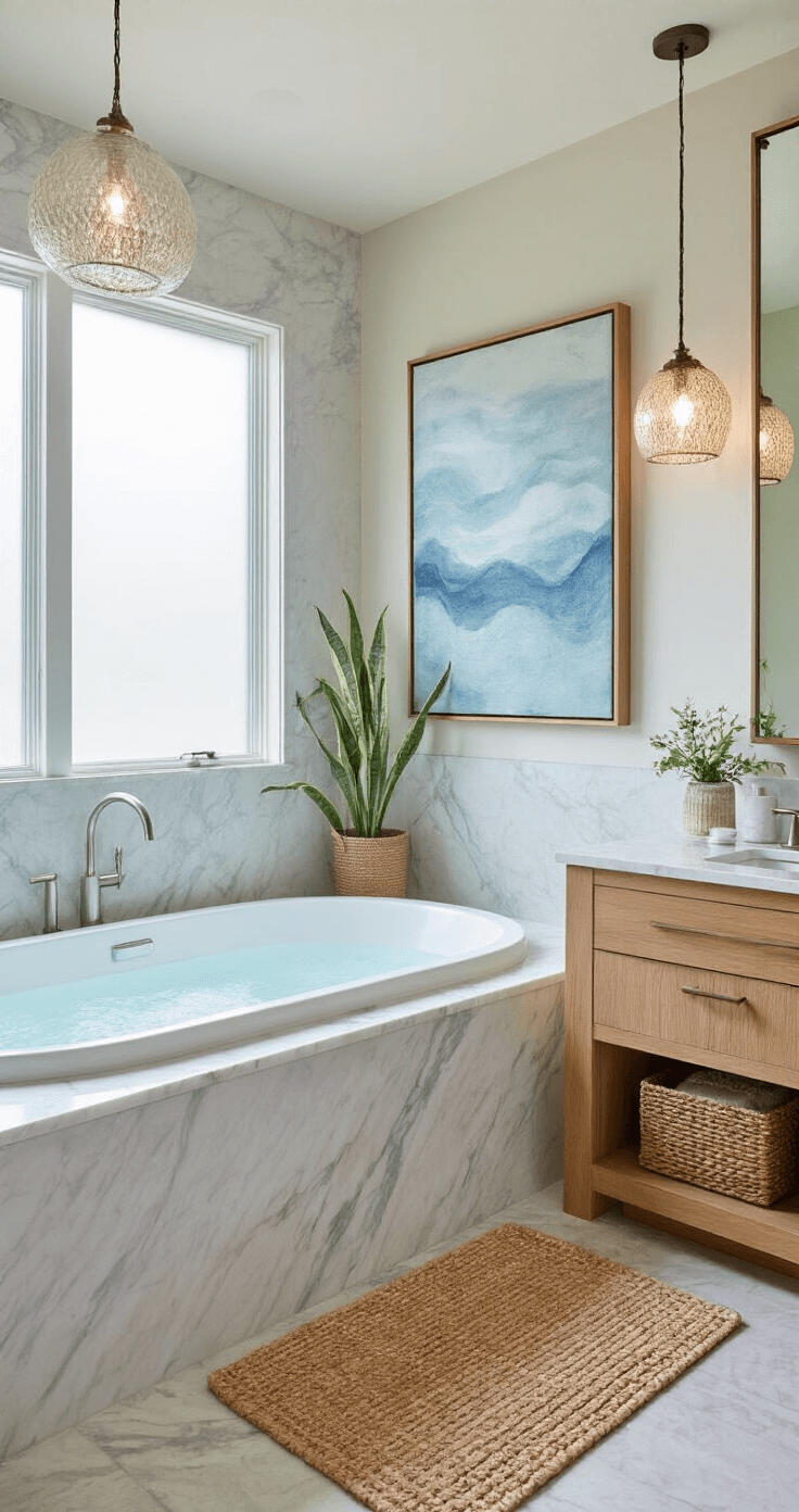 A luxurious 14x16ft primary bathroom featuring morning light through a frosted window, a freestanding oval tub against a marble wall, a natural teak bath mat, a white oak floating vanity with a marble top, textured glass pendant lights, woven seagrass baskets, and large-scale abstract art in watery blues, captured from a corner to emphasize spatial luxury and serene ambiance.