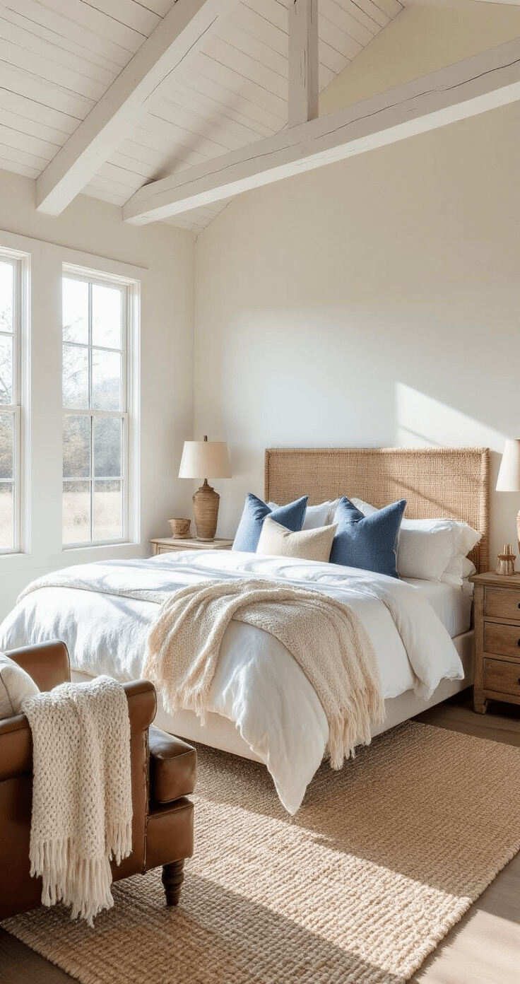A sunlit bedroom featuring vaulted ceilings and white-washed beams, with floor-to-ceiling windows, a leather armchair with a knit throw, a king-sized bed with white linen and denim accents, and wooden side tables with brass lamps, all in a warm color palette.