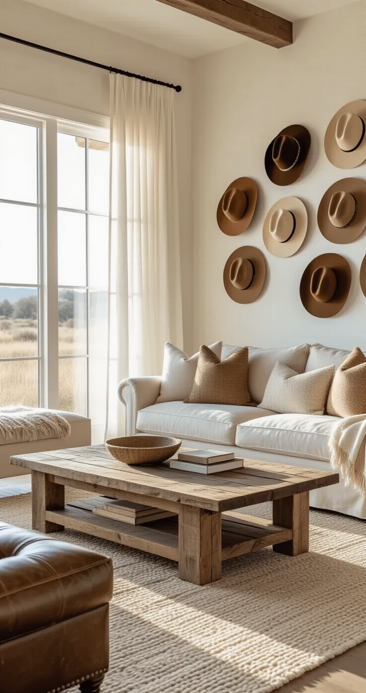 An open-concept living space with warm lighting at golden hour, featuring a reclaimed barn wood coffee table on a neutral rug, a cream linen sofa, a vintage leather ottoman, and a wall installation of decorative brown cowboy hats.