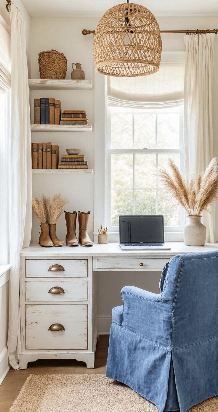 A cozy home office nook with a whitewashed wooden desk under a large window, vintage denim-upholstered chair, and floating shelves adorned with weathered books and vintage boot planters, all bathed in natural light and accented with a rattan pendant lamp.