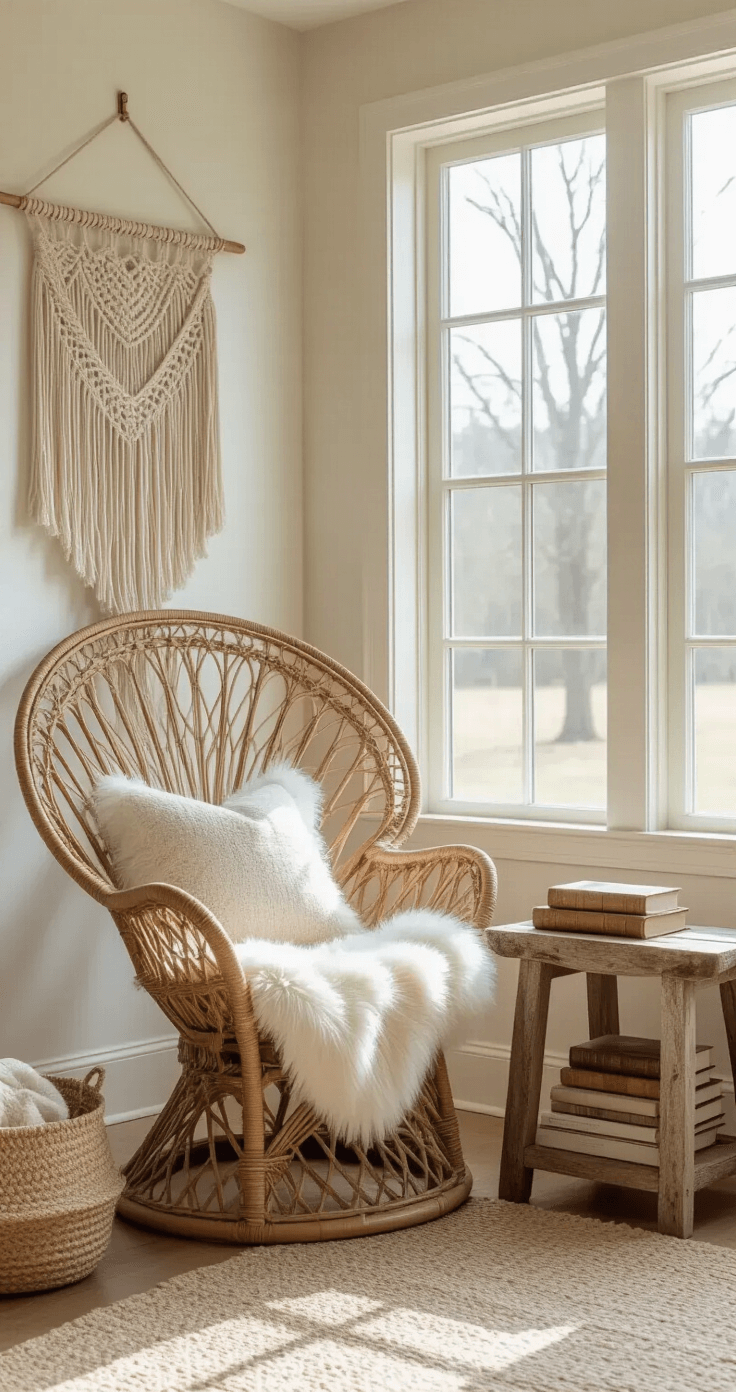 A cozy reading corner featuring an oversized rattan peacock chair with a sheepskin throw, illuminated by afternoon light. The chair faces floor-to-ceiling windows, complemented by a weathered wood side table adorned with coastal finds and leather-bound books. A macramé wall hanging adds texture above, all set in warm white, natural rattan, cream, and touches of sea glass blue.