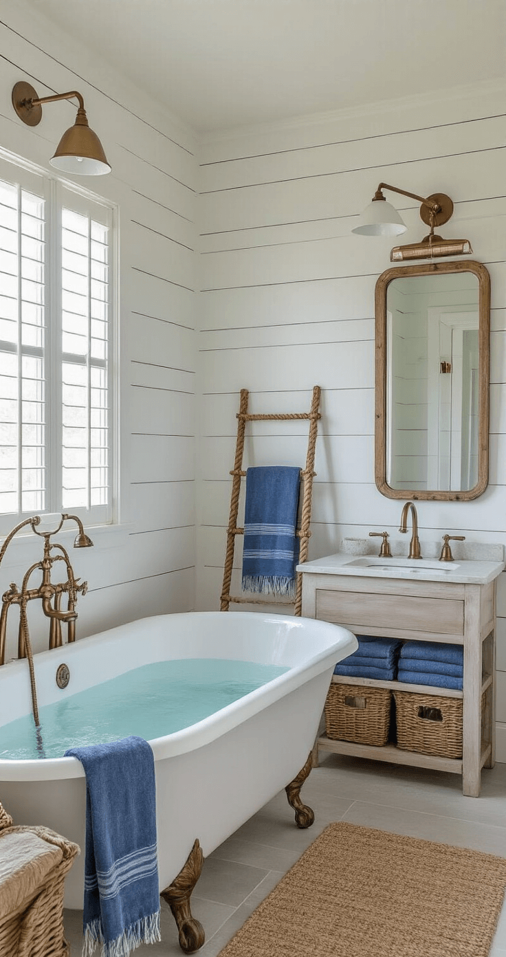 A spacious 14x16ft bathroom featuring shiplap walls in crisp white, a vintage clawfoot tub with aged brass hardware, denim blue Turkish towels on a leather-strapped ladder, rattan baskets beneath a floating vanity, and a rope-framed mirror, all illuminated by soft morning light streaming through frosted windows.