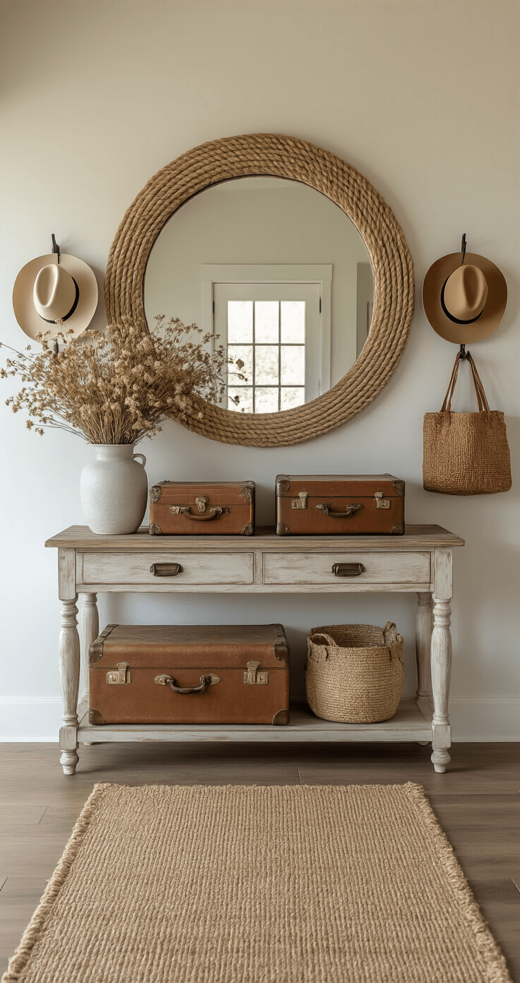 A cozy entryway featuring a distressed wood console table with vintage suitcases and dried wildflowers beneath a round, rope-wrapped mirror. Wooden coat hooks display classic cowboy hats and woven bags. A sisal runner leads to weathered wood flooring, illuminated by golden hour lighting for a warm atmosphere. Colors include natural wood, rope beige, white, and leather brown.