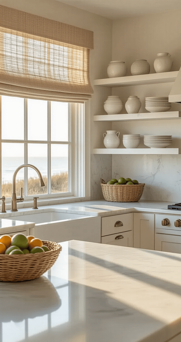 Coastal Beach House Decor: Transform Your Space into a Seaside Sanctuary A spacious modern coastal kitchen features honed marble countertops that reflect soft dawn light, warm white shaker cabinets, natural fiber roman shades, and open shelving displaying artisanal ceramics in white and sand tones. A vintage olive basket filled with market fruits adds an organic touch, while the wide shot emphasizes clean lines and natural textures, enhanced by gentle shadows from the diffused morning light.