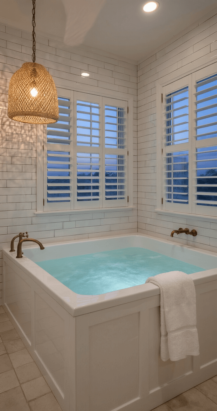 Coastal Beach House Decor: Transform Your Space into a Seaside Sanctuary A luxurious coastal bathroom at twilight featuring a freestanding soaking tub under a window with privacy shutters, oversized white subway tiled walls, a natural fiber pendant casting shadows, Turkish cotton towels hanging from aged brass hooks, and a warm, ethereal ambiance from evening light and sconces.