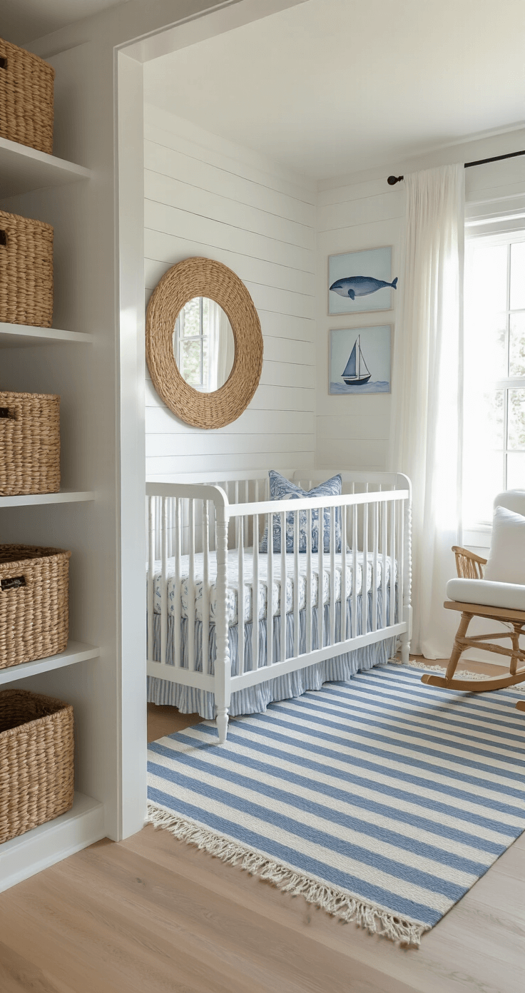 A sunlit coastal nursery with white shiplap walls, light oak flooring, and blue-white striped jute rug, featuring a weathered white spindle crib, ocean-wave patterned bedding, gauzy curtains, and a plush oatmeal rocking chair, adorned with woven seagrass baskets and a circular rattan mirror, complemented by whale and sailboat watercolor prints on soft blue-grey walls.