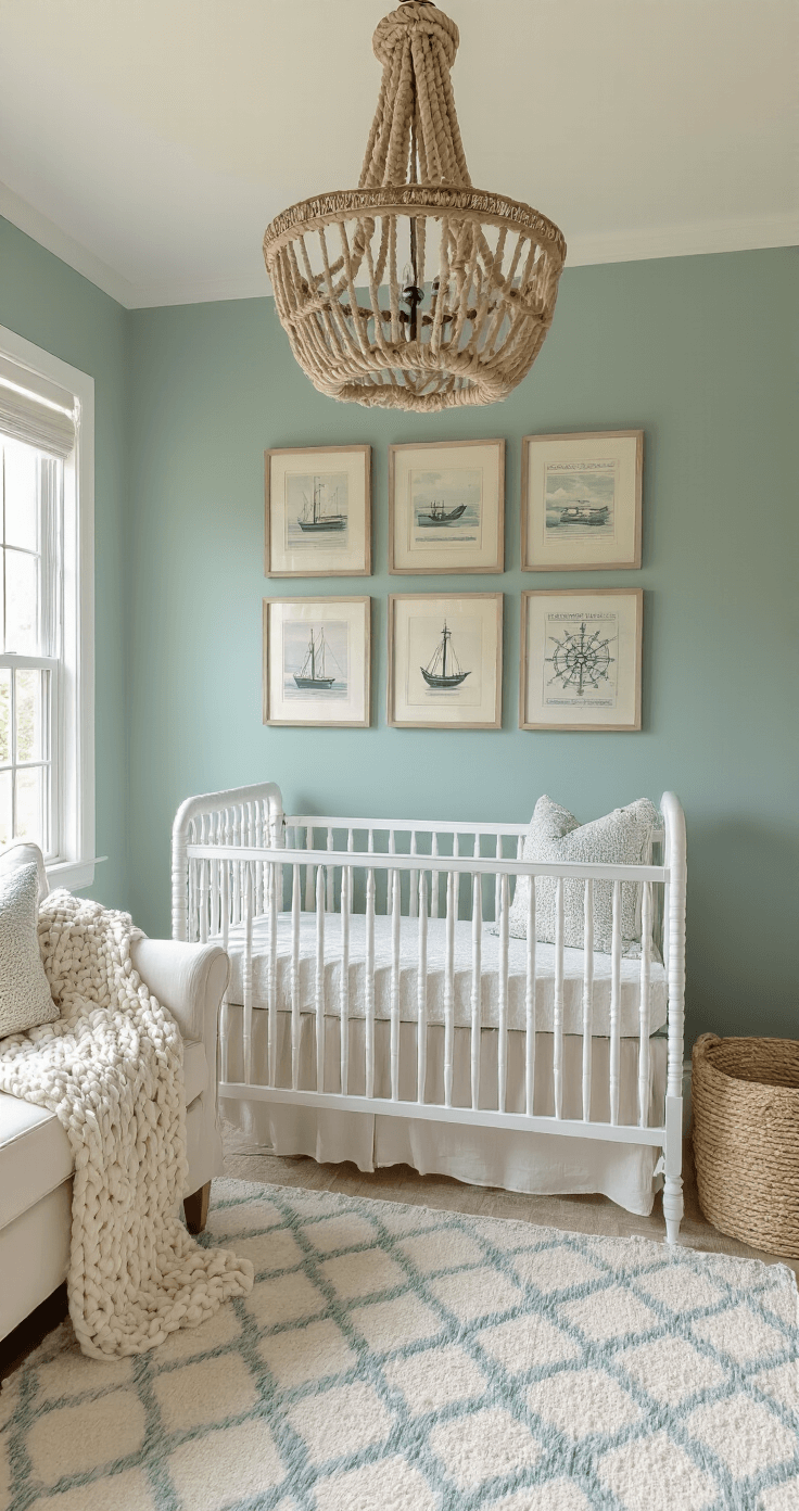High-angle view of a cozy nursery corner featuring a dove-white Jenny Lind crib, a nautical chandelier, a seafoam green accent wall with vintage maritime prints, a linen-upholstered glider with a chunky knit throw, and a bleached wood side table, all on a geometric cream and pale blue area rug. Natural light highlights woven textures of jute, cotton, and rope.