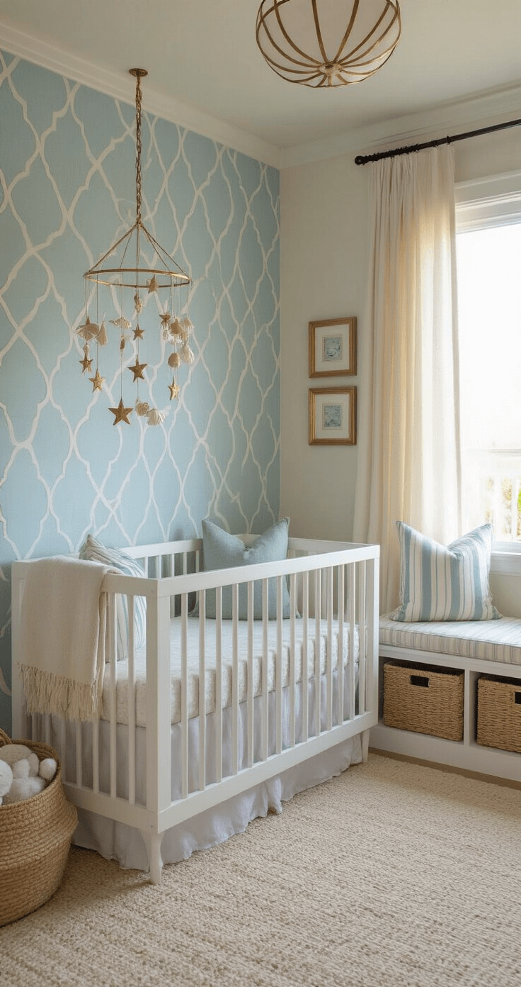 Wide-angle view of a coastal nursery at dawn, featuring a pale blue geometric wallpaper, a modern white crib with mixed metal hardware, a brass mobile, plush ivory carpet, and built-in window seats with coastal-striped cushions.