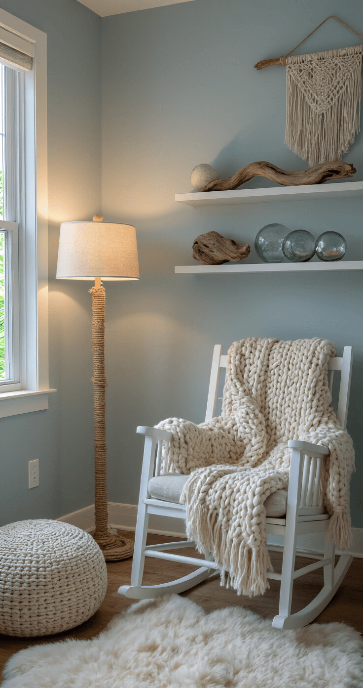 Intimate nursery corner at dusk featuring a whitewashed rocking chair with a chunky knit throw, a rope-wrapped floor lamp, and soft uplighting highlighting artisanal decor against 'Ocean Air' painted walls, complemented by a macramé wall hanging, natural fiber pouf, and sheepskin rug.