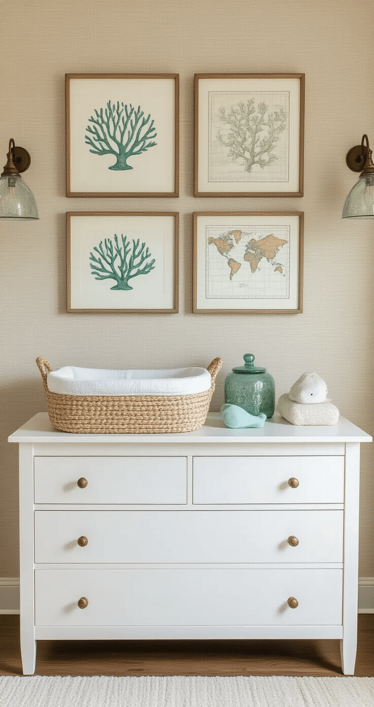 A well-styled nursery changing station featuring a clean white dresser with a woven changing basket and organic cotton supplies in sea glass colors, complemented by a gallery wall of watercolor coral prints and vintage maps, all illuminated by natural light that enhances the grasscloth wallpaper texture.