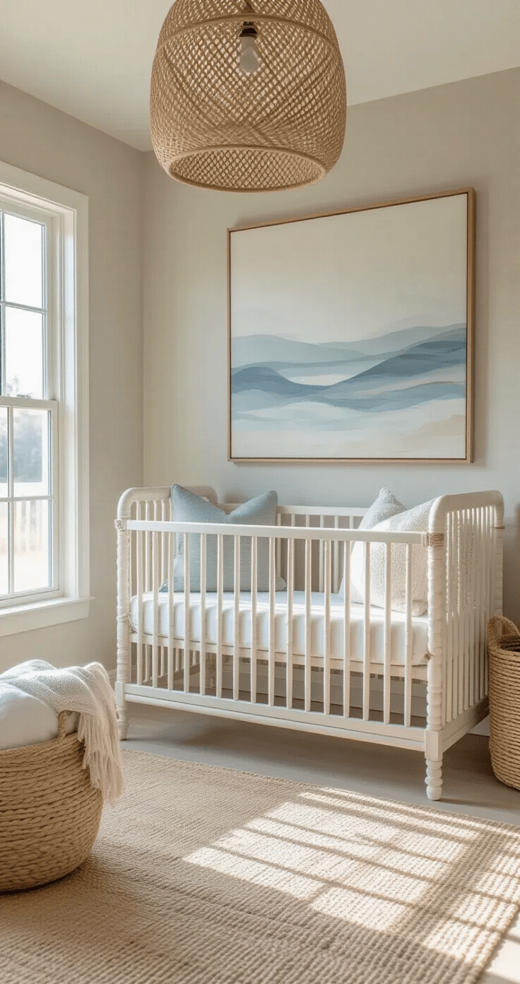 An environmental portrait of a nursery featuring a white spindle crib, abstract seascape walls, and a window seat with coastal pillows, illuminated by early morning sunlight through French doors.