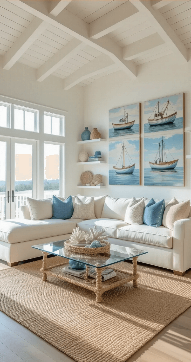 Coastal Decor Magic: Transform Your Space with Hobby Lobby's Beach-Inspired Treasures A spacious sunlit coastal living room with vaulted ceilings, featuring a plush ivory sectional, textured blue and sandy beige pillows, and a gallery of coastal wall art. Floor-to-ceiling windows allow natural light to cast soft shadows, while a natural jute rug and a glass coffee table with a rope-wrapped base complete the serene coastal aesthetic.
