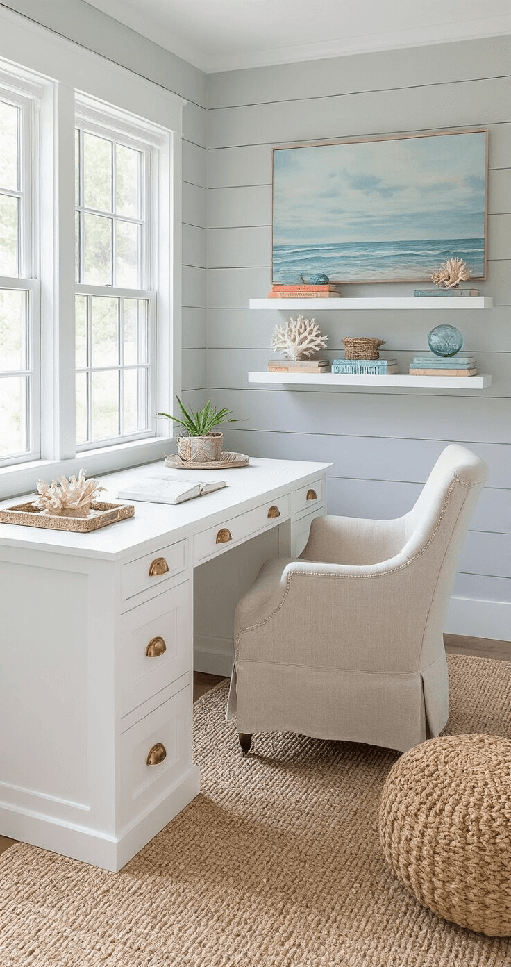 Coastal Decor Magic: Transform Your Space with Hobby Lobby's Beach-Inspired Treasures Coastal home office featuring a soft gray shiplap accent wall, white desk with brass hardware, sandy linen chair, floating shelves with coral and vintage books, oversized seascape canvas, and a jute pouf, all illuminated by natural midday light.