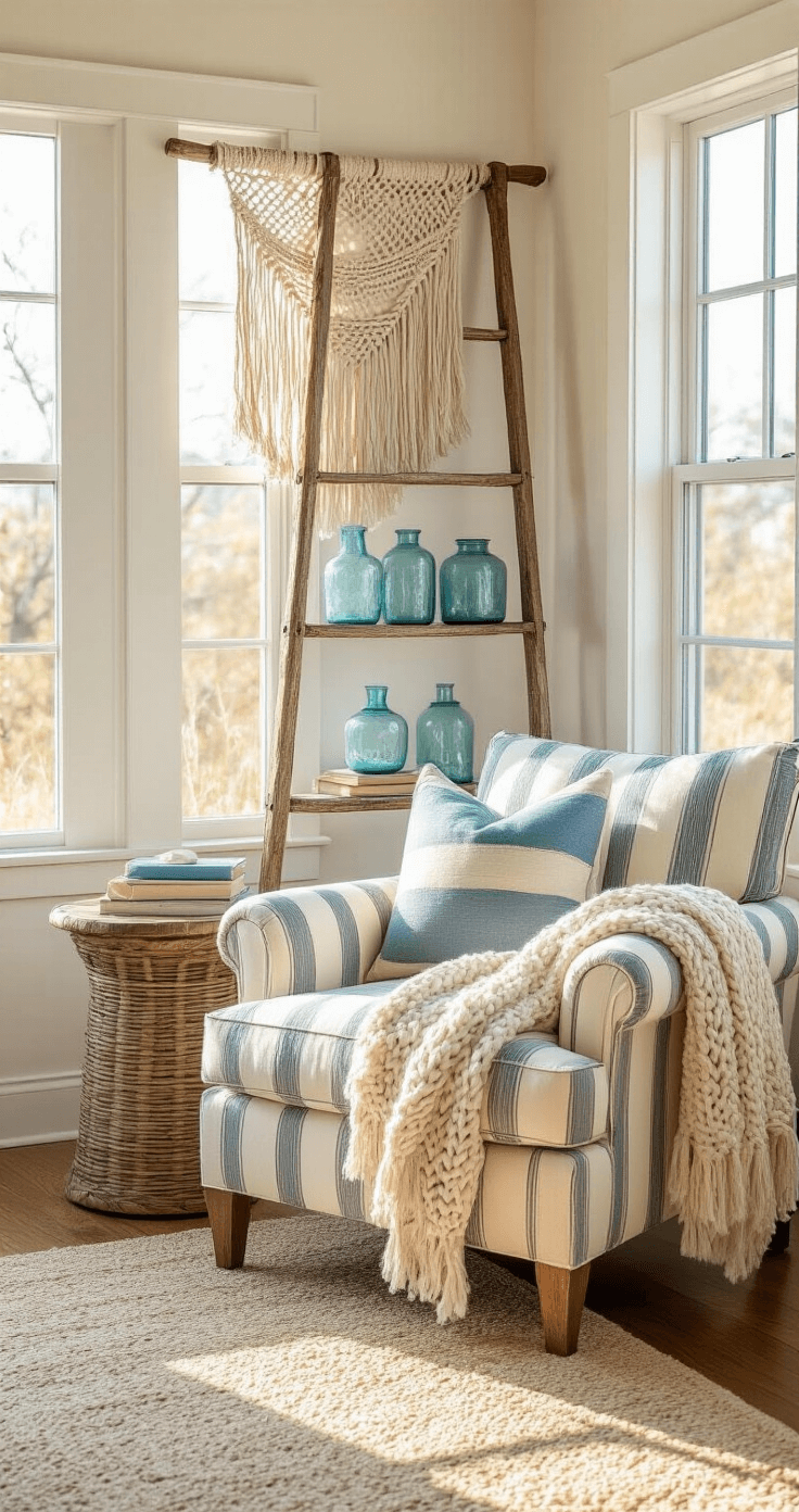 Coastal Decor Magic: Transform Your Space with Hobby Lobby's Beach-Inspired Treasures Cozy beach-themed reading corner with an oversized striped armchair, driftwood side table, macramé wall hanging with shells, and a distressed ladder shelf filled with blue glass vessels and books, all bathed in warm golden light.