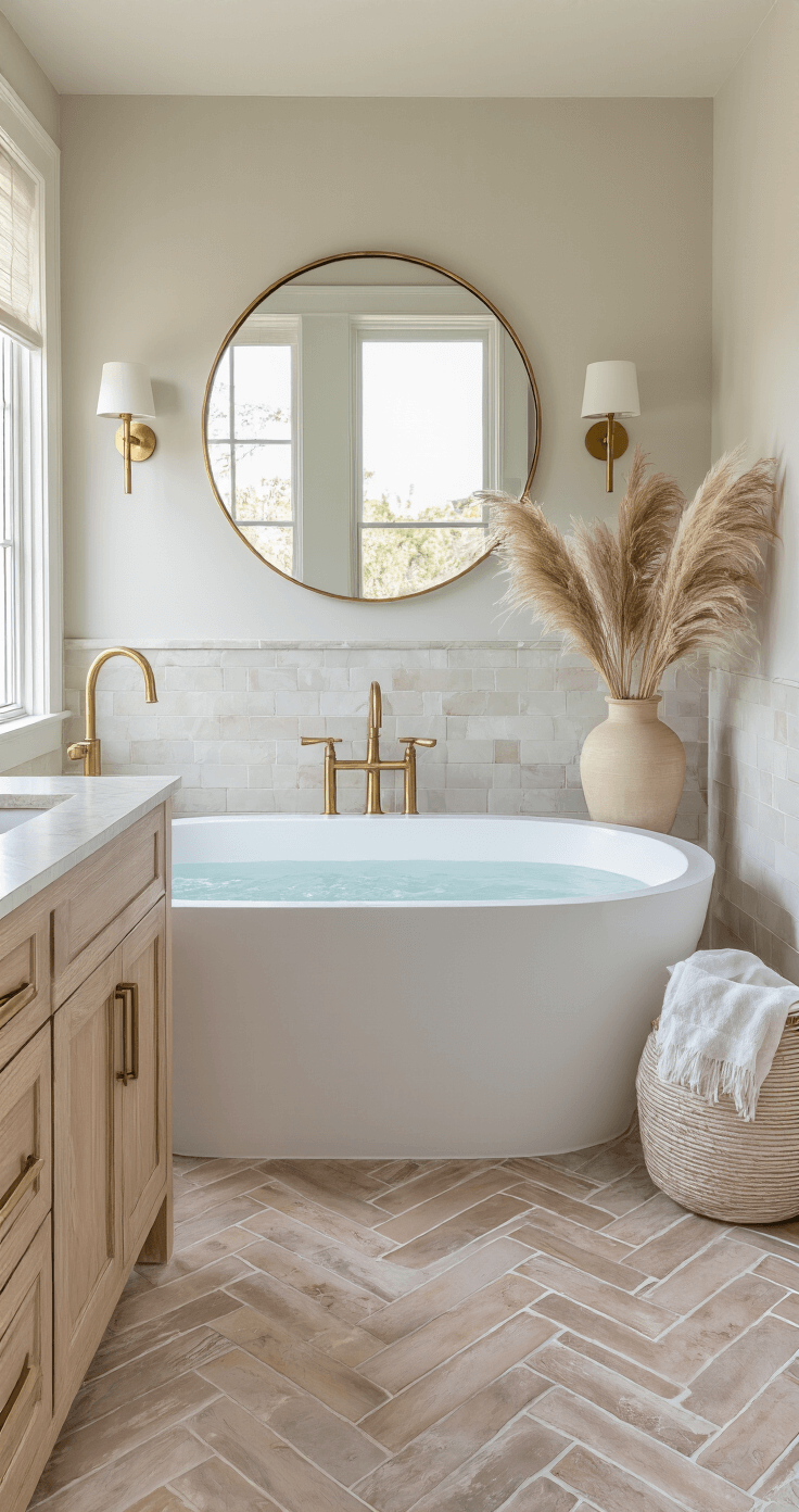 Coastal Calm: Your Ultimate Guide to Breezy, Beach-Inspired Home Decor A serene primary bathroom featuring a freestanding soaking tub on marble herringbone floor tiles, with wall-mounted brass fixtures, a white oak vanity topped with honed limestone, and an oversized round mirror reflecting natural light, accented by a large ceramic vase holding pampas grass.