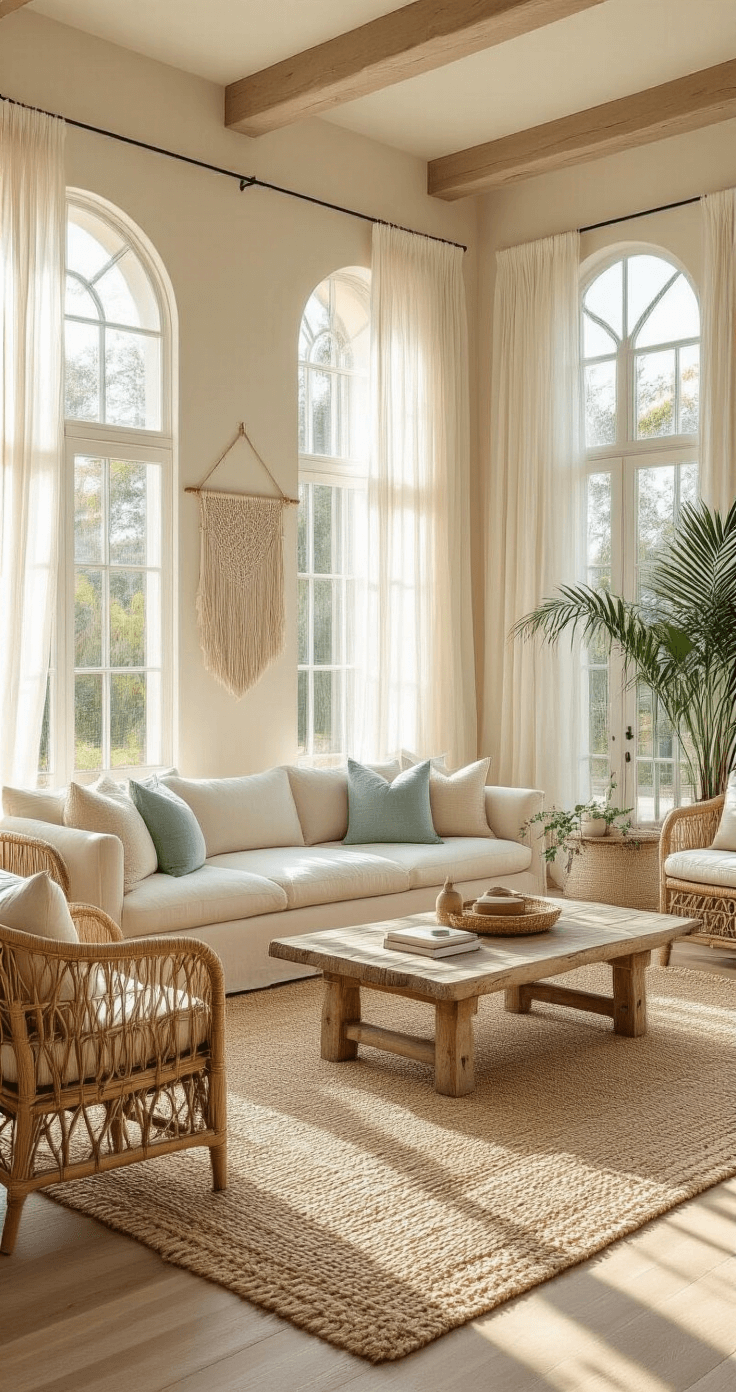 A sun-drenched living room featuring a cream linen sofa with textured pillows, rattan armchairs, and a driftwood coffee table, illuminated by golden light through sheer curtains, with a jute rug on oak flooring and macramé wall hanging, captured in soft natural light from a low angle.