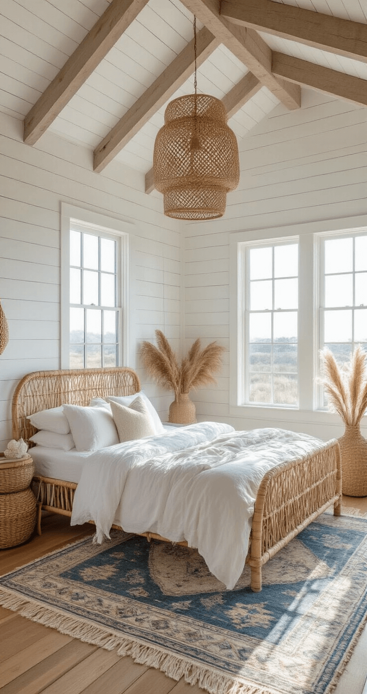 A cozy coastal boho bedroom with white-washed shiplap walls, a rattan bed frame with rumpled linen, and floor-to-ceiling windows bathed in warm morning light. Layered vintage Moroccan rugs and bamboo flooring create a serene ambiance, accented by hanging rattan pendant lights and natural décor like woven baskets and dried pampas grass.