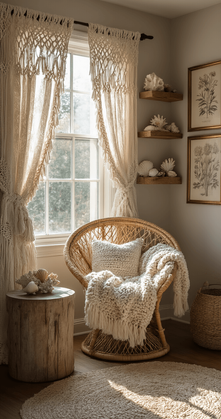 A cozy bohemian reading nook featuring a rattan peacock chair with a chunky knit throw, distressed wooden side table, and floating reclaimed wood shelves displaying shells and coral. Late morning light filters through macramé curtains, casting intricate shadows, while vintage botanical prints adorn the walls. Shot from a corner to emphasize the chair as the focal point.