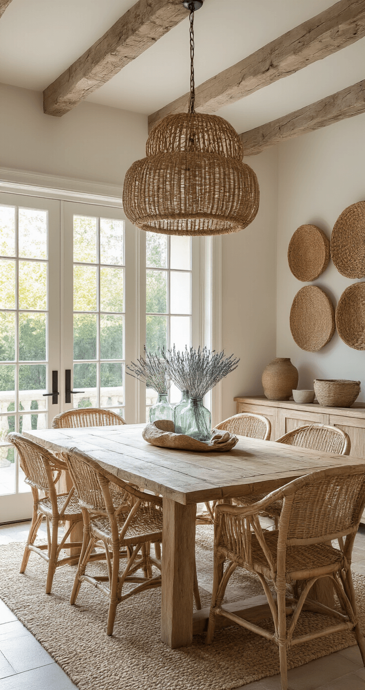 A bright dining space featuring French doors leading to a terrace, a reclaimed teak table surrounded by mix-matched rattan and rope chairs, a rope chandelier, vintage glass bottles with dried sea lavender, and woven wall baskets, shot from standing height to emphasize the indoor-outdoor flow.